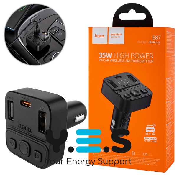 Автозарядка HOCO E87 Delta з FM-модулятором, BT, 35W, 1A/1C, чорна (6942007658980)