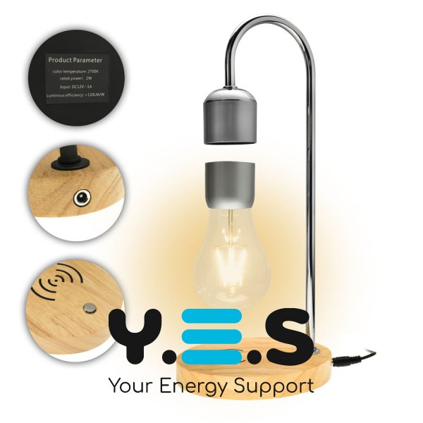 Левітуюча лампа-нічник «Лампочка» на напівкруглій стійці, silver, дерево