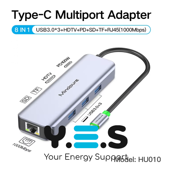 Адаптер Mindpure HU010 8-в-1 USB‑C: 3×USB 3.0, HDMI, PD, SD/TF, Gigabit RJ45