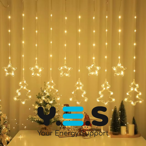 Новорічна гірлянда-штора USB SF-42: 10 фігурок зірка+ялинка, тепле біле світло