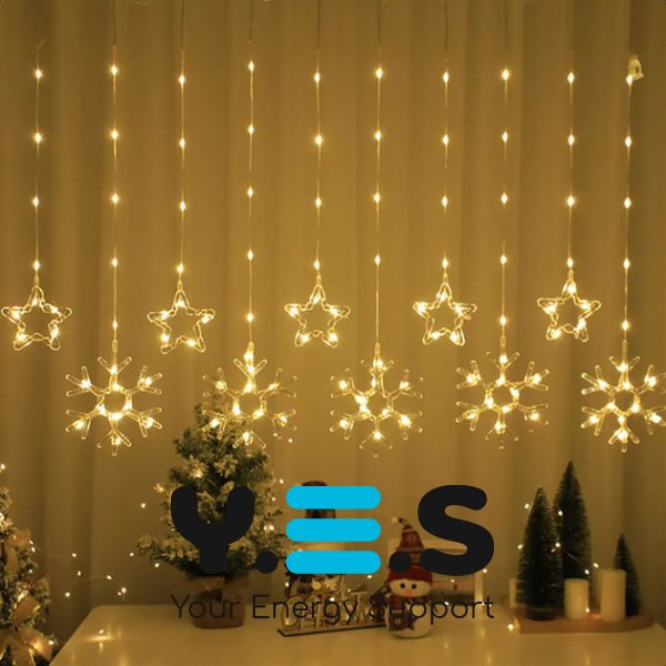 Гірлянда-штора SF-41 «Зірки й сніжинки» 3×0,9 м, USB, тепле світло, пульт ДУ