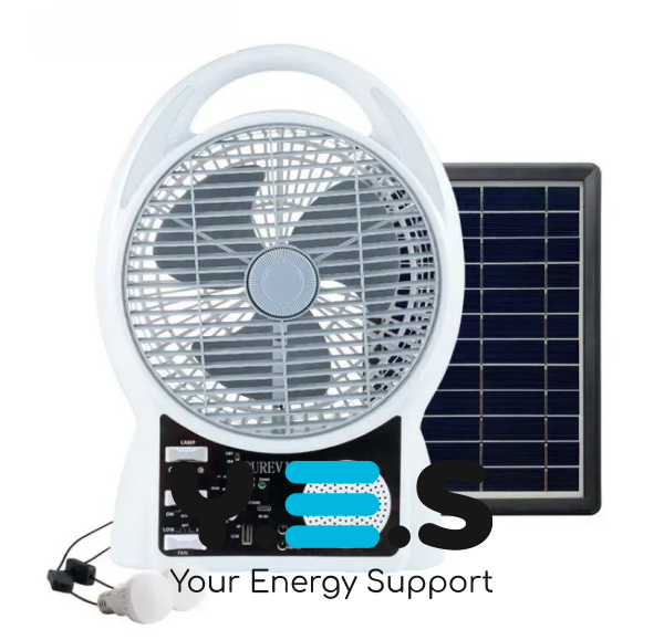 Портативний вентилятор 4в1 8″: сонячна панель, акумулятор, Bluetooth, радіо та LED-підсвітка