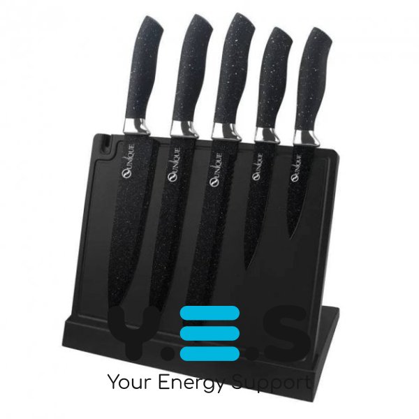 Набір кухонних ножів UNIQUE UN-1841 на магнітній підставці з точилкою, 6 предметів, чорні