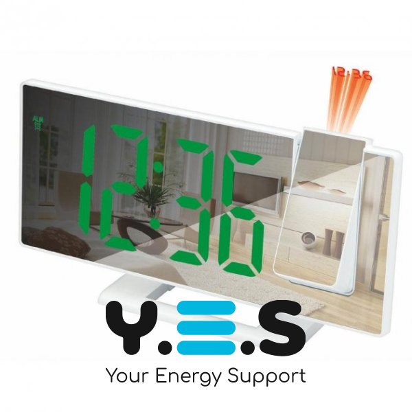 Настільний дзеркальний годинник 3618LP з проєктором, будильником, календарем і термометром, зелена підсвітка