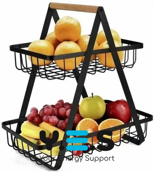 Настільна двоярусна фруктівниця Double Fruit Basket, розбірний металевий кошик з дерев’яною ручкою