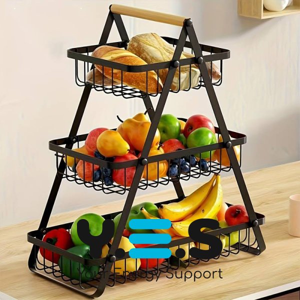 Розбірний настільний металевий 3-ярусний кошик-фруктівниця з дерев’яною ручкою Triple Fruit Basket