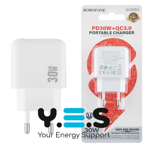 Зарядний пристрій BOROFONE BAS45A 30W, USB‑C+USB, PD/QC, білий (6941991113871)