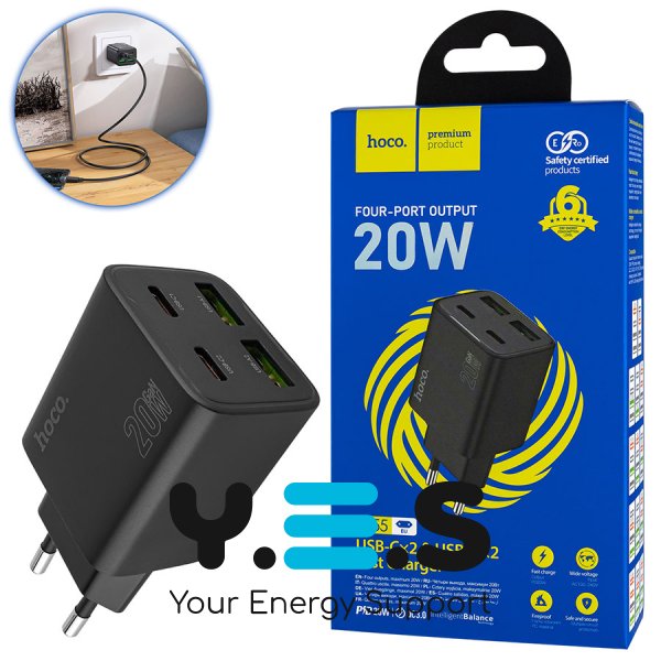Зарядний пристрій HOCO N55 Fundador 2xUSB-C+2xUSB PD 20W, чорний (6942007632430)