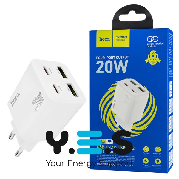 Зарядний пристрій HOCO N55 Fundador 2C+2U PD 20W, білий (6942007632447)