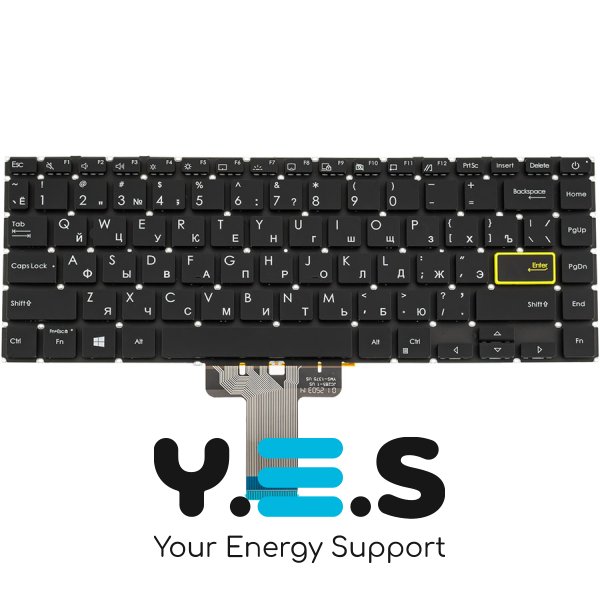 Клавіатура для ноутбука ASUS E410 series: RU, чорна, без рамки, підсвітка, жовтий Enter
