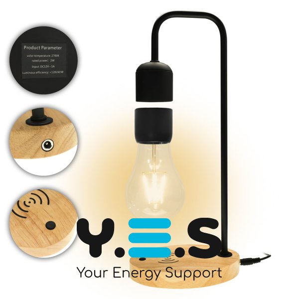 Левітирующая лампа, нічник "Лампочка" на квадратній стійці (левітаційна лампа), black, дерево