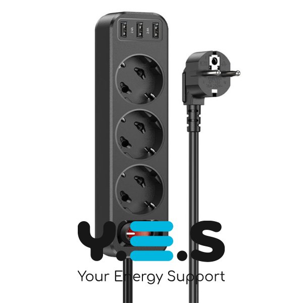 NS2 3-позиційний подовжувач 3 розетки 3 USB 1.8м (3*USB-виходи) (ЄС/Німеччина) black