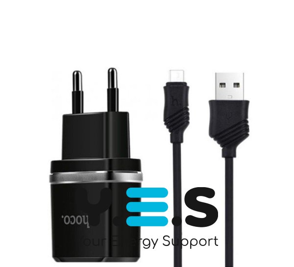 Мережевий зарядний пристрій HOCO C12 Smart dual USB (Micro cable)charger set Black