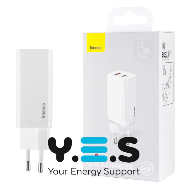 Зарядний пристрій Baseus GaN2 Lite Quick Charger C+U 65W EU Білий (CCGAN2L-B02)