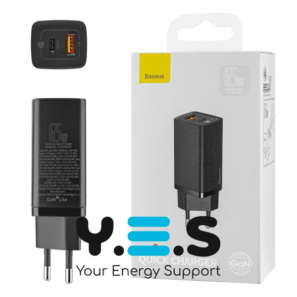 Мережевий зарядний пристрій Baseus GaN2 Lite Quick Charger C+U 65W EU Black (CCGAN2L-B01)