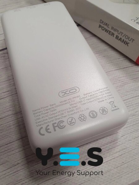 Повербанк XO PR183 (20000 mAh / Out: 2USB 5V/2.1A / In: Type-C, micro-USB 5V/2.1A ) з LED індикатором, білий