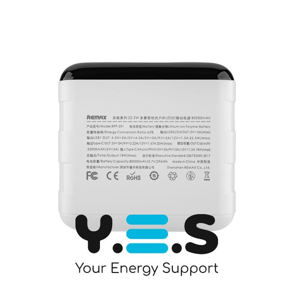 Универсальная мобильная батарея REMAX RPP-291 Chinen Series 22.5W PD+QC, LED Light, 80000mAh, White