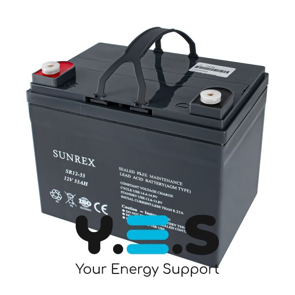 Акумуляторна батарея SUNREX SR12-33, Ємність: 33Ah, 12V, 10kg, AGM battery, розміри: 96х130х155мм (ДБЖ UPS)