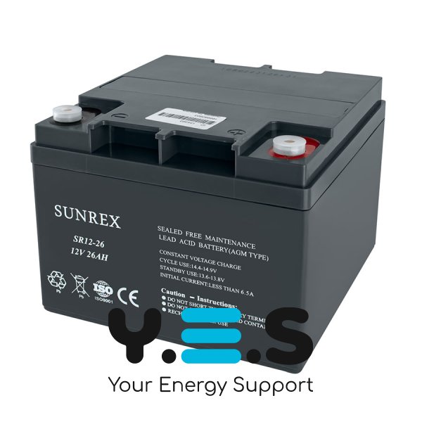 Акумуляторна батарея SUNREX SR12-26, Ємність: 26Ah, 12V, 8.3kg, AGM battery, розміри: 166х175х126мм (ДБЖ UPS)