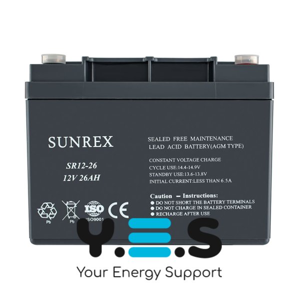 Акумуляторна батарея SUNREX SR12-26, Ємність: 26Ah, 12V, 8.3kg, AGM battery, розміри: 166х175х126мм (ДБЖ UPS)