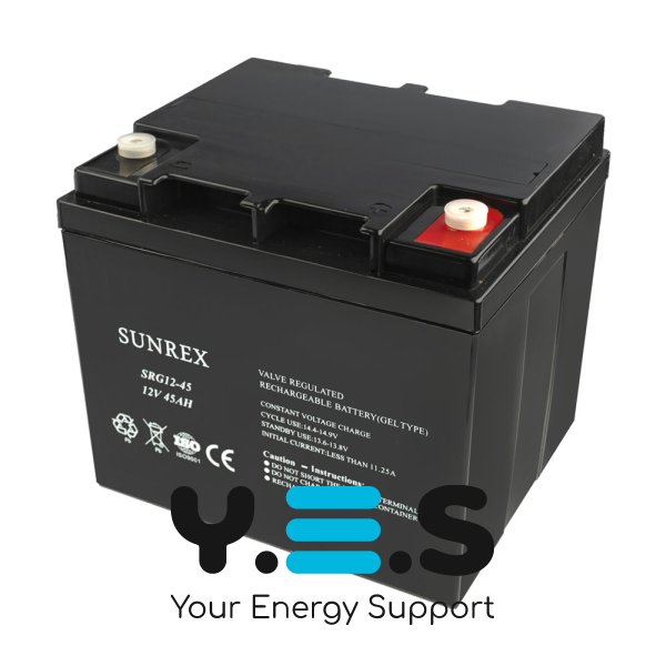 Акумуляторна батарея SUNREX SRG12-45, Ємність: 45Ah, 12V, 12.9kg, гелевий, розміри: 198х166х174мм (ДБЖ UPS)
