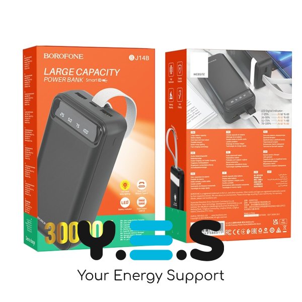 Повербанк PowerBank 30000mAh з ліхтариком Borofone BJ14BB Freeway 2 х USB-A/Micro-USB, USB-C Black