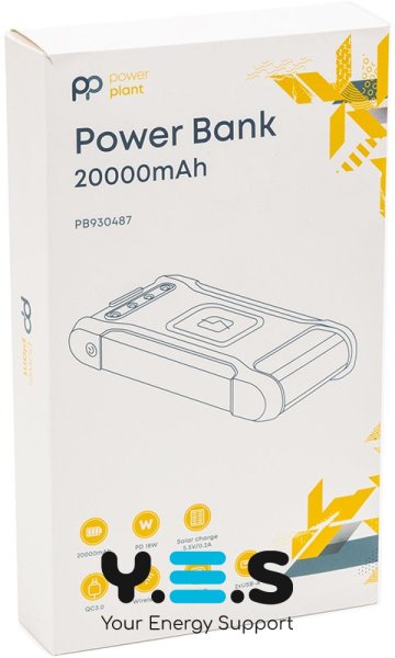 Мобільна батарея PowerPlant 20000mAh, PD 18W, USB-C, 2xUSB-A, QC3.0, Wireless, Solar panel 5.5V-0,2A
