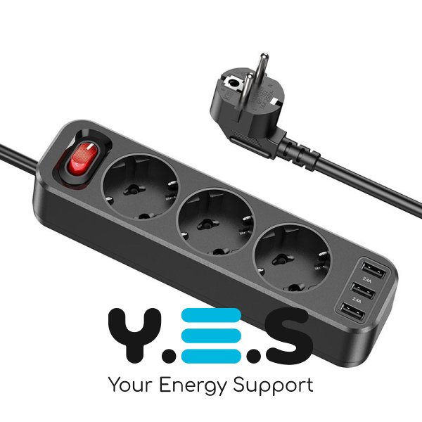 NS2 3-позиційний подовжувач 3 розетки 3 USB 1.8м (3*USB-виходи) (ЄС/Німеччина) black