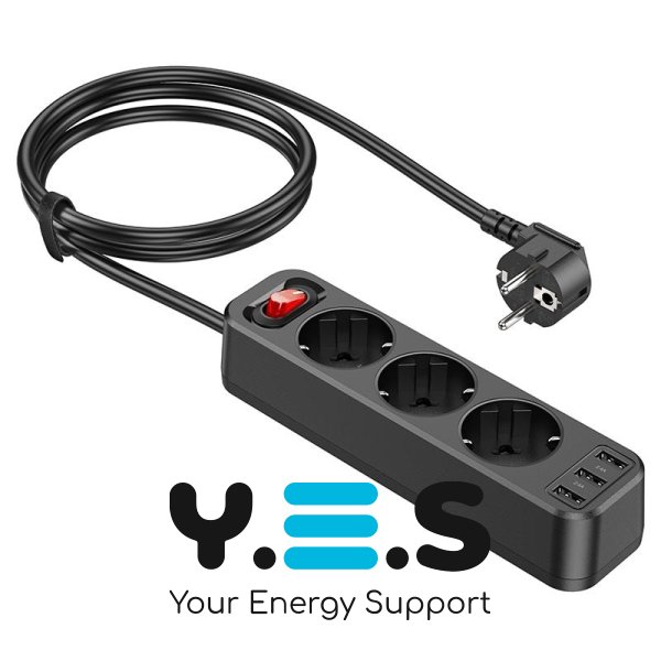 NS2 3-позиційний подовжувач 3 розетки 3 USB 1.8м (3*USB-виходи) (ЄС/Німеччина) black