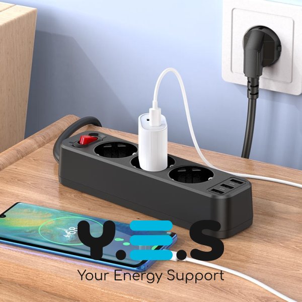 NS2 3-позиційний подовжувач 3 розетки 3 USB 1.8м (3*USB-виходи) (ЄС/Німеччина) black