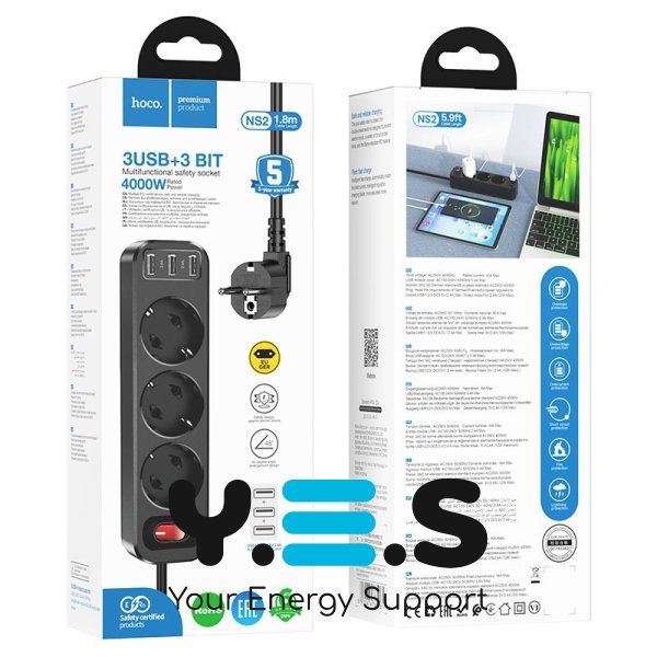 NS2 3-позиційний подовжувач 3 розетки 3 USB 1.8м (3*USB-виходи) (ЄС/Німеччина) black