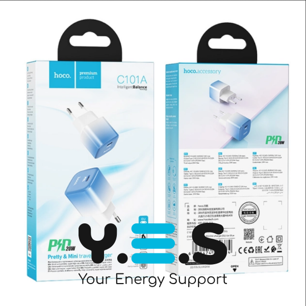 Мережевий Зарядний Пристрій Hoco C101A PD20W Type-C / Білий - Синій