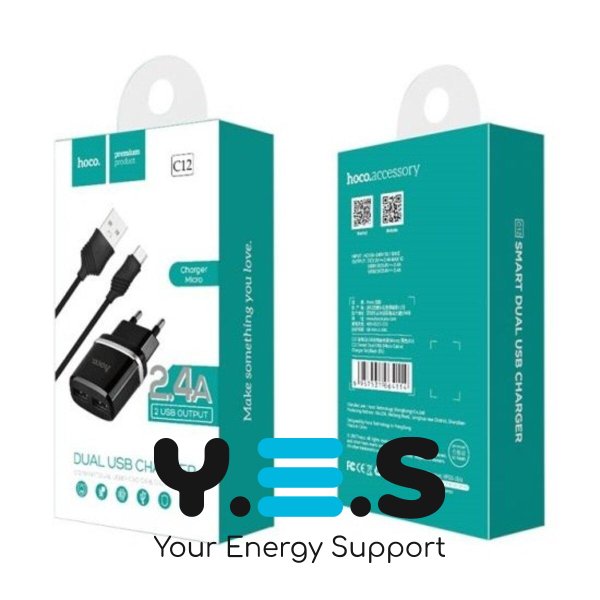 Мережевий зарядний пристрій HOCO C12 Smart dual USB (Micro cable)charger set Black