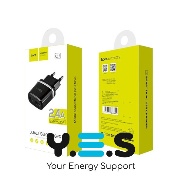 Мережевий зарядний пристрій Hoco C12 Smart dual USB charger Black