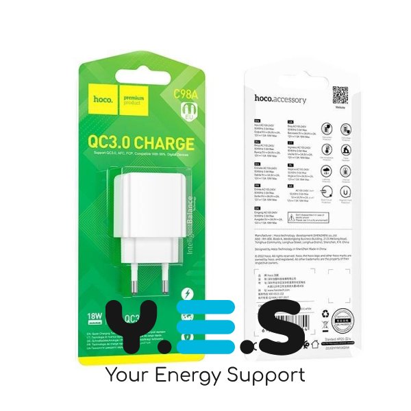 Зарядний пристрій USB HOCO C98A 1USB 18W 3A QC White N