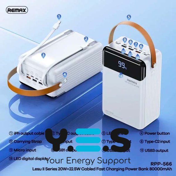 Power Bank  80000mAh Remax RPP-566 Білий Lesu II PD20W+QC22.5W 3USB/2Type-C/micro-USB/Lightning Світлодіодна лампа з фонарем для заряджання пристроїв із кабелями Type-C і Lightning