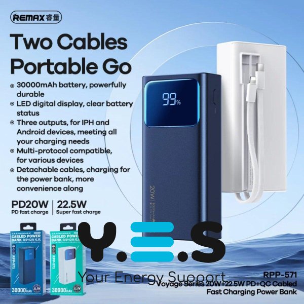 Зовнішній синій акумулятор 30000mAh REMAX RPP-571 Voyage Series PD20W+QC22.5W Cabled Fast Charging Power Bank ()