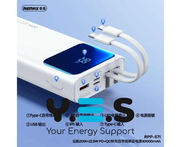 Зовнішній білий акумулятор 30000mAh REMAX RPP-571 Voyage Series PD20W+QC22.5W Cabled Fast Charging Power Bank