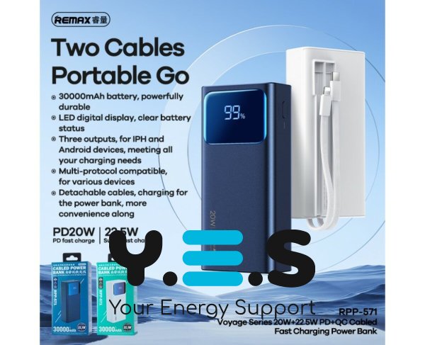 Зовнішній білий акумулятор 30000mAh REMAX RPP-571 Voyage Series PD20W+QC22.5W Cabled Fast Charging Power Bank