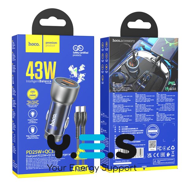 Автомобільний зарядний пристрій HOCO NZ8 Sprinter 43W dual port PD25W+QC3.0 автомобільний зарядний пристрій (Type-C to Type-C) Blue (6931474782779)