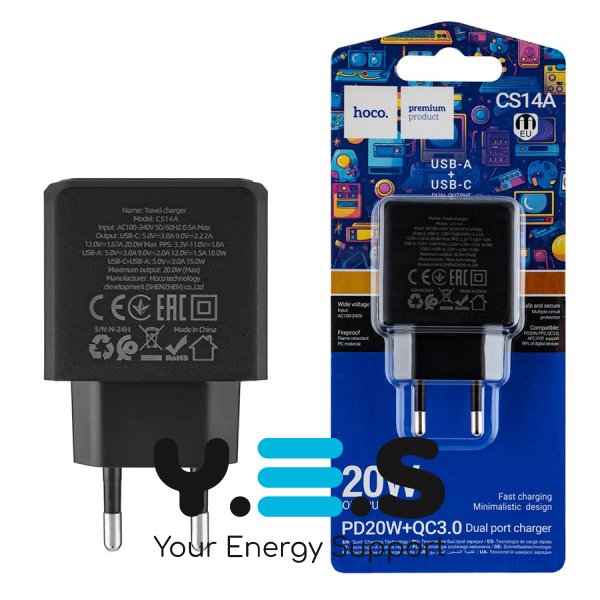 Зарядний пристрій HOCO CS14A 1USB-C/1USB PD/QC 20W black 6942007603898