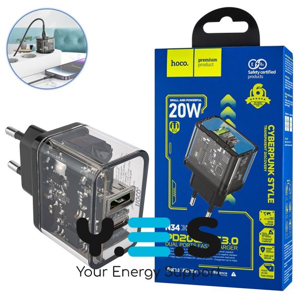 Зарядний пристрій HOCO N34 Dazzling  dual-port  PD20W+QC3.0  чорний