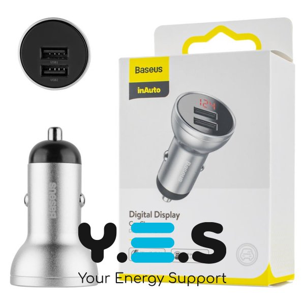 Автомобільний зарядний пристрій Baseus Digital Display Dual USB 4.8A 24W сріблястий (CCBX-0S)