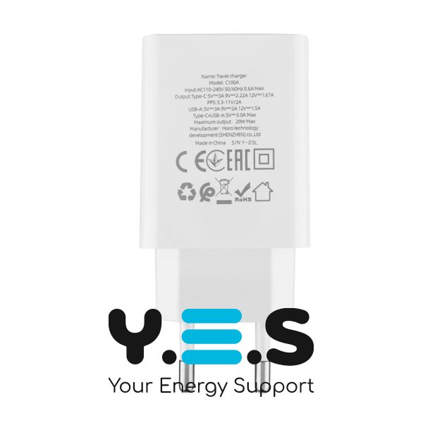 Зарядний пристрій HOCO C100A PD 20W + QC3.0 з цифровим дисплеєм, білий (6931474769800)