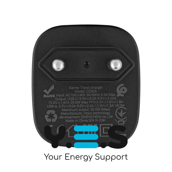 Зарядний пристрій HOCO CS32A Rise Black, PD 20W + QC 3.0 (6942007617451)