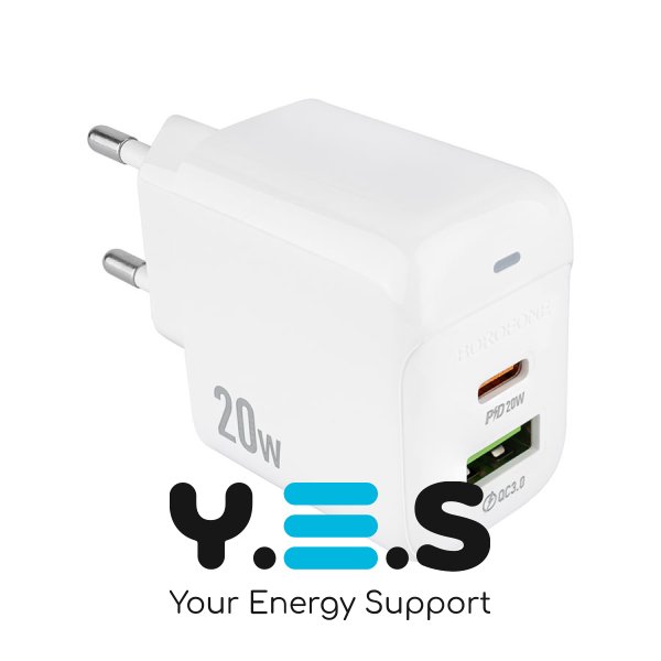 Мережевий зарядний пристрій BOROFONE BAS44A 20W PD/QC, USB-C+USB, білий (6941991113840)