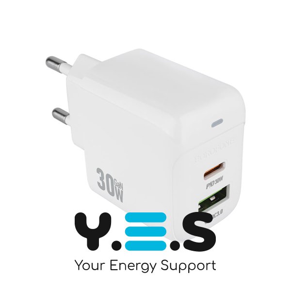 Зарядний пристрій BOROFONE BAS45A 30W, USB‑C+USB, PD/QC, білий (6941991113871)
