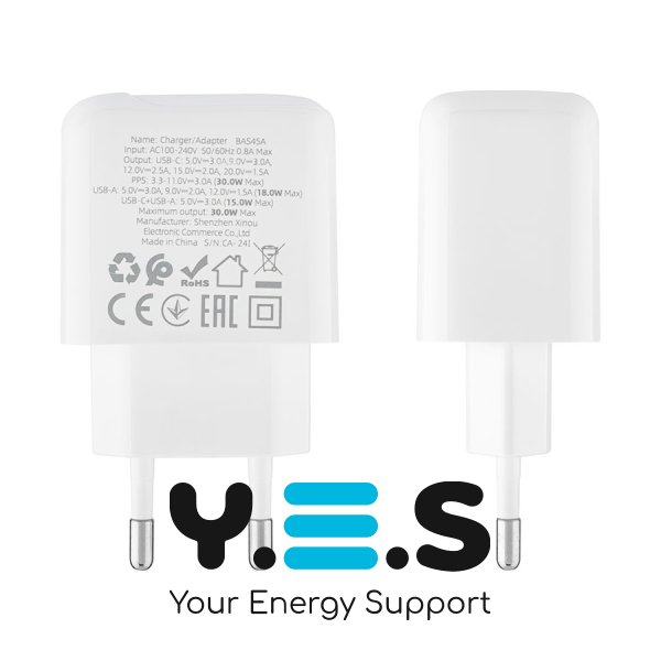 Зарядний пристрій BOROFONE BAS45A 30W, USB‑C+USB, PD/QC, білий (6941991113871)