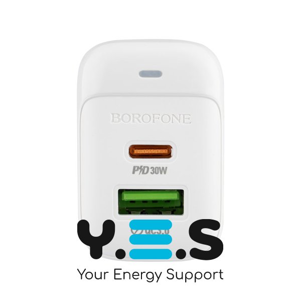 Зарядний пристрій BOROFONE BAS45A 30W, USB‑C+USB, PD/QC, білий (6941991113871)