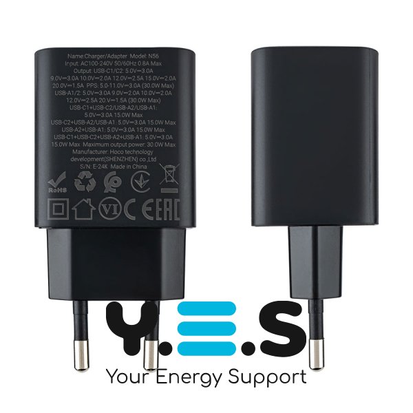 Зарядний пристрій HOCO N56 Fundador 2C+2U PD 30W, чорний (6942007632492)